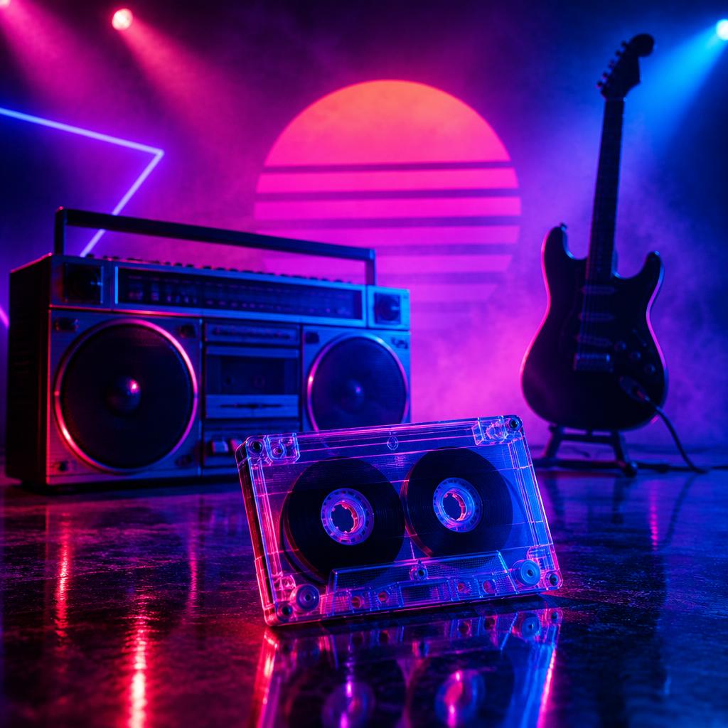 Neon-lit boombox, cassette tape and guitar evoking music from 1986 to 2000