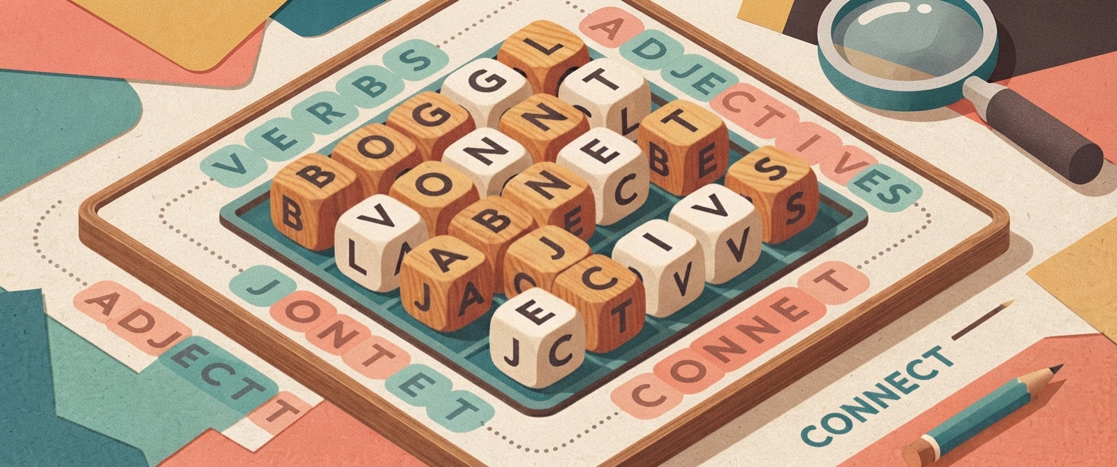 Colorful Boggle board with wooden letter cubes