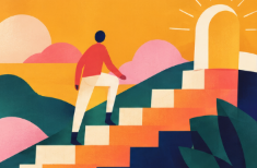 Illustration of a person climbing colorful word-ladder steps