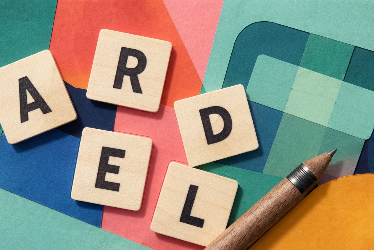Colorful letter tiles arranged on paper with a pencil